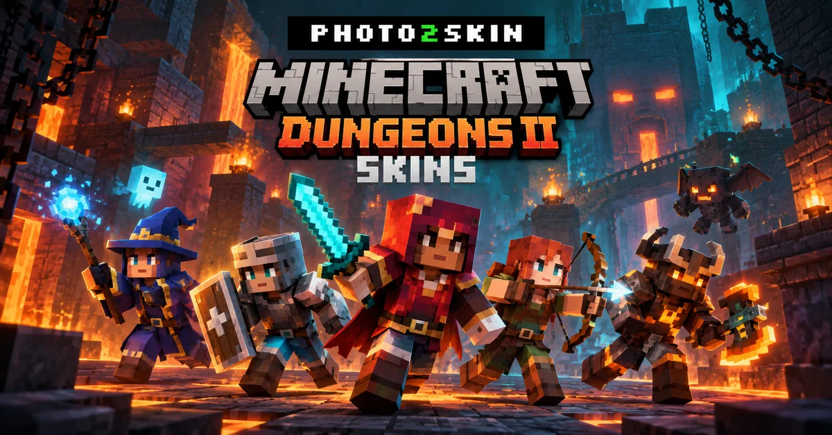 Skin pahlawan Minecraft Dungeons 2 berjajar di depan pintu masuk dungeon