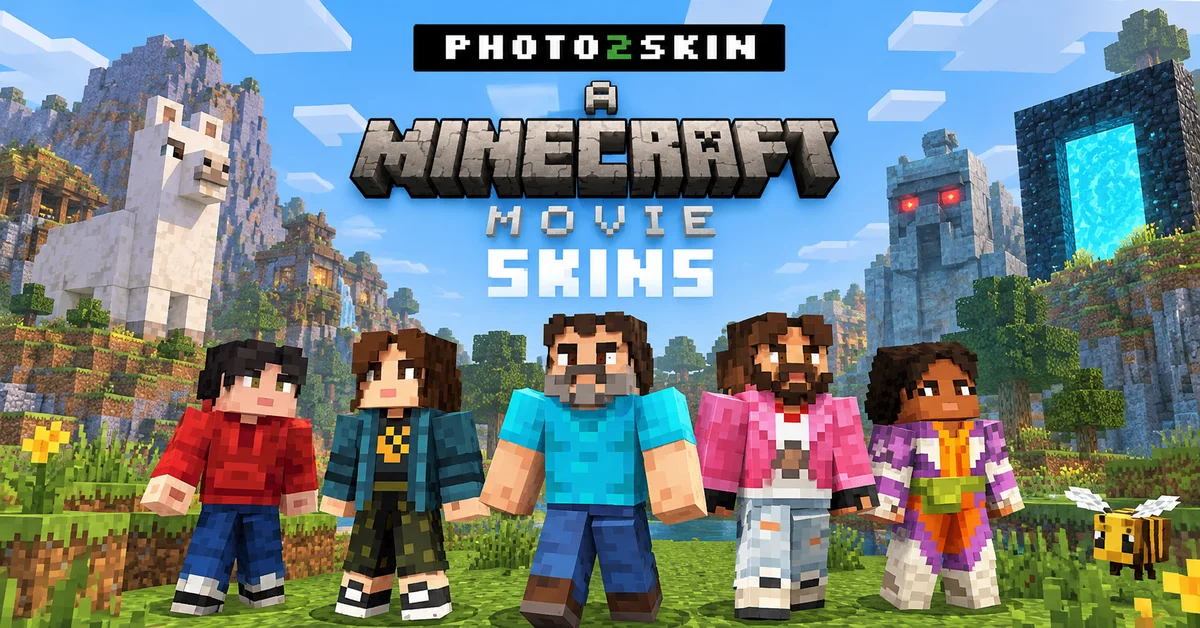 Steve, Garrett, Henry, Natalie en Dawn als personageskins uit de Minecraft-film