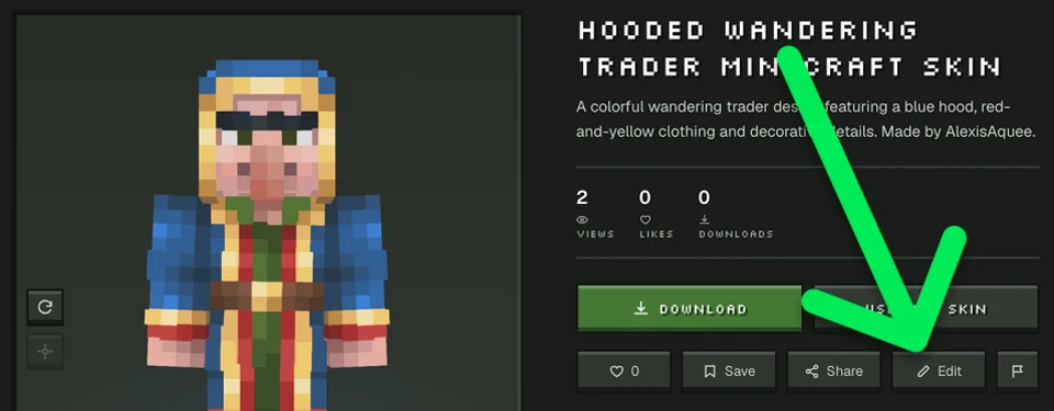 The edit button on a library skin page, which opens that skin in the Minecraft skin editor