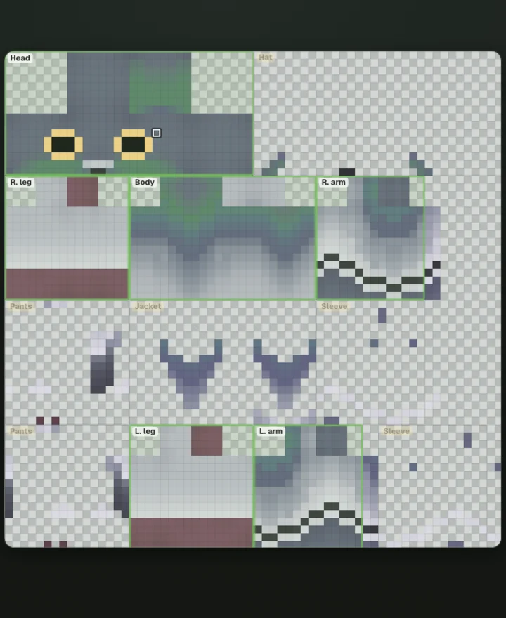 Editing the flat 64×64 Minecraft skin texture on the 2D pixel grid