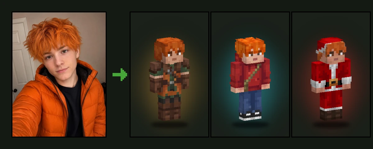 Ein Selfie als Minecraft-Dungeons-2-Heldenskin, daneben dasselbe Foto als Minecraft-Film-Skin und als Weihnachtsskin