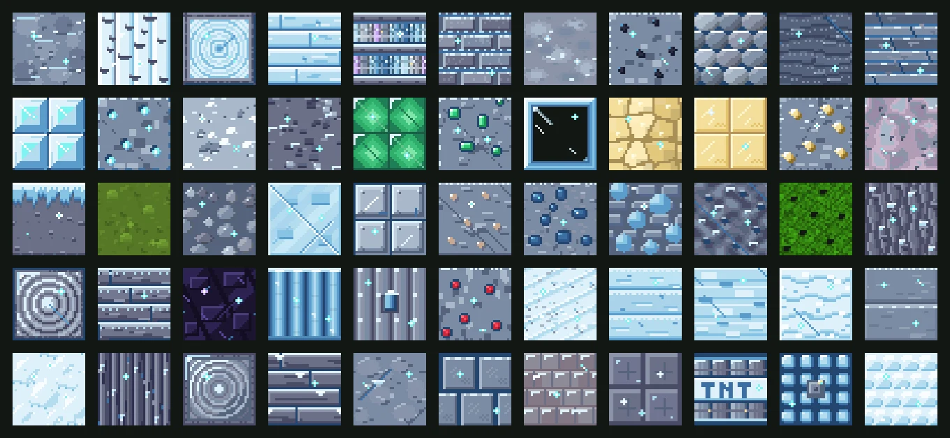 Všech 55 textur AI texture packu pro Minecraft ve stylu ledového království: kámen, cihly, kmeny, prkna, rudy, minerální bloky, sklo, pískovec, sníh, led, TNT a další v jednom ledovém stylu