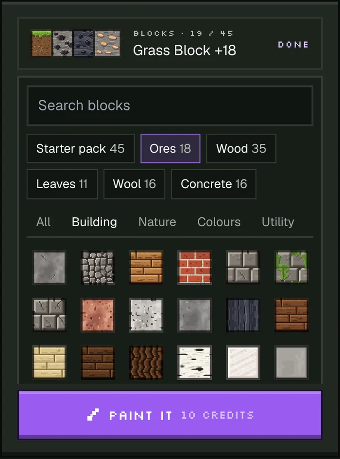 Výběr bloků v AI generátoru texture packů: vyhledávací pole, hotové sady základní pack, rudy, dřevo, listí, vlna a beton, záložky kategorií a mřížka bloků Minecraftu, s cenou na tlačítku Namaluj to