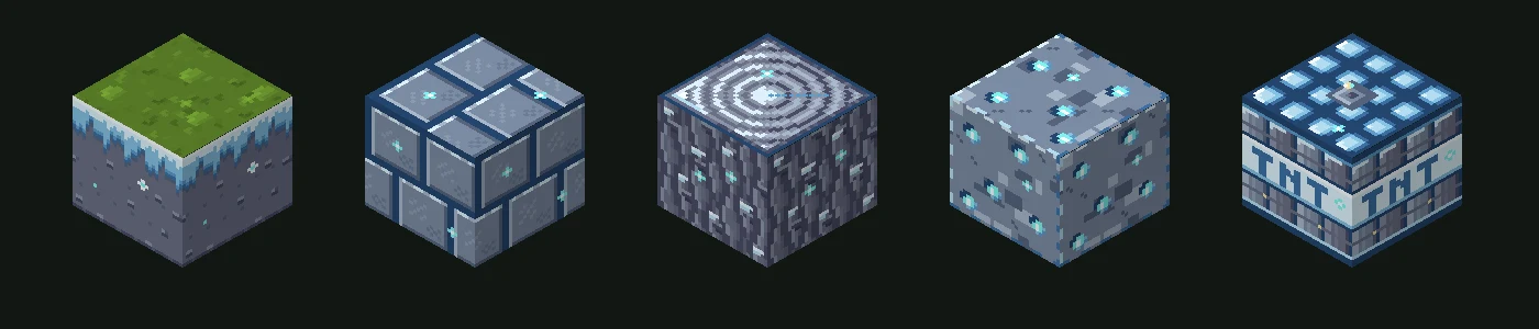 Pět bloků Minecraftu přemalovaných pomocí AI ve stylu ledového království: blok trávy s rampouchy, zamrzlé kamenné cihly, ojíněný dubový kmen, diamantová ruda a modré TNT