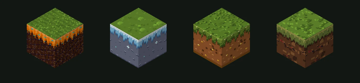 Čtyři bloky trávy z Minecraftu vytvořené pomocí AI: jeden namalovaný jen podle obrázku s oranžovými okraji připomínajícími lávu, jeden v ledovém stylu, jeden ve zlatém pouštním stylu a jeden v podzimních barvách