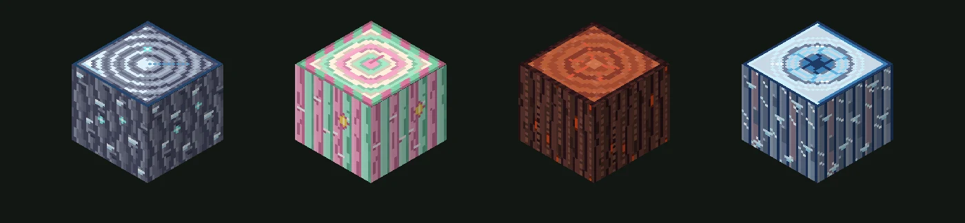 Stejný kmen z Minecraftu namalovaný pomocí AI ve čtyřech stylech: zamrzlý a ledový, s pastelovými cukrovými pruhy, tmavé dřevo se zářícími oranžovými letokruhy a ojíněný třešňový kmen
